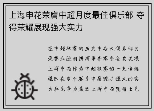 上海申花荣膺中超月度最佳俱乐部 夺得荣耀展现强大实力